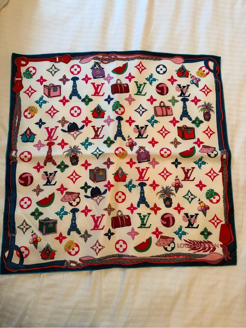 Authentic Louis Vuitton White Multicolor Silk Logo-Print Scarf